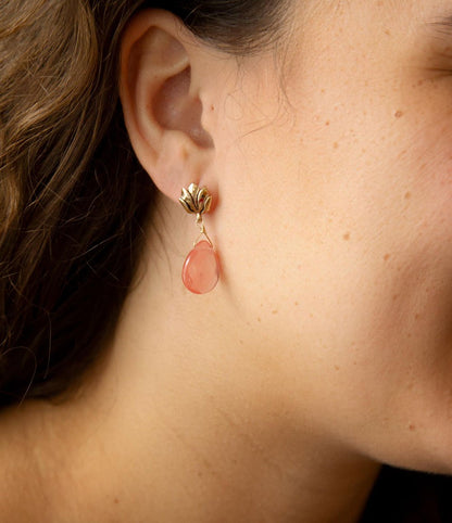 Pink Quartz Golden Lotus Drop Earrings Barse Jewelry
