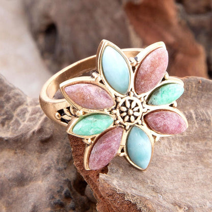 Pink Rhodonite Blue Amazonite and Green Varacite Petals Golden Statement Ring Barse Jewelry