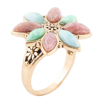 Pink Rhodonite Blue Amazonite and Green Varacite Petals Golden Statement Ring Barse Jewelry