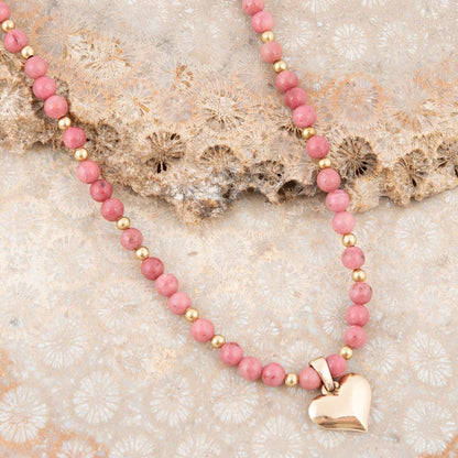 Pink Rhodonite and Golden Bronze Heart Pendant Necklace Barse Jewelry