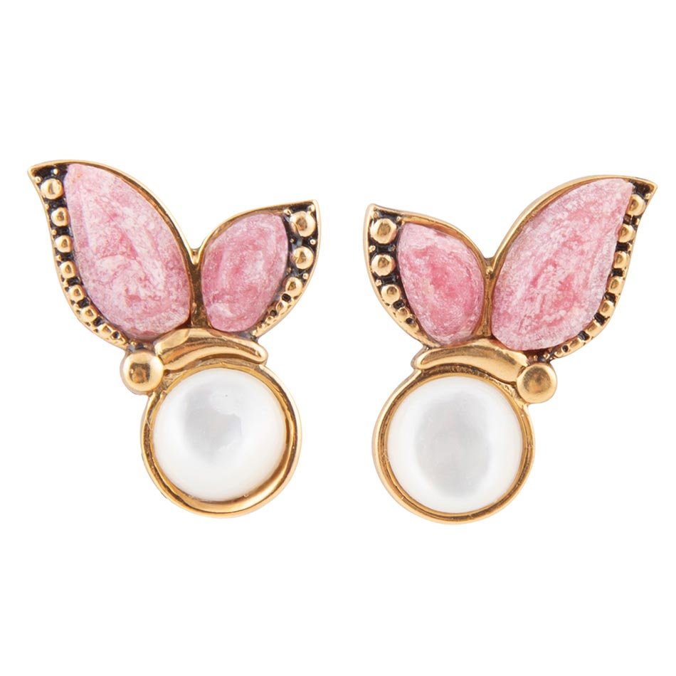 Pink Rhodonite and White Mother of Pearl Golden Butterflies Post Earrings Barse Jewelry