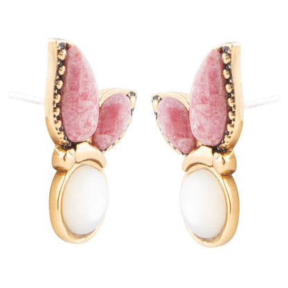 Pink Rhodonite and White Mother of Pearl Golden Butterflies Post Earrings Barse Jewelry