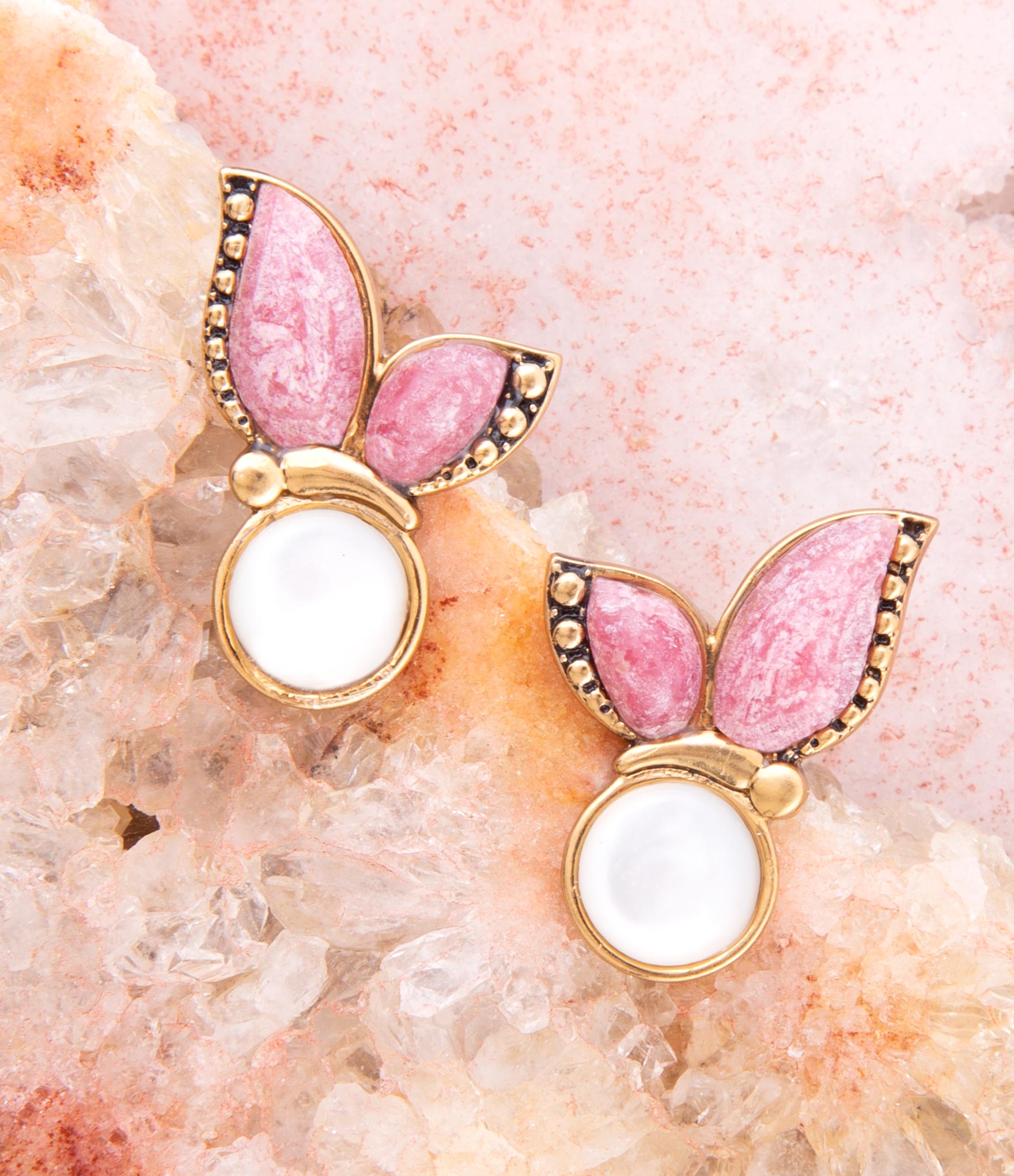Pink Rhodonite and White Mother of Pearl Golden Butterflies Post Earrings Barse Jewelry