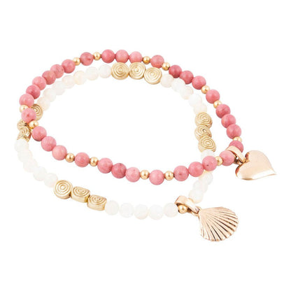 Pink Rhodonite and White Pearl Golden Heart Charm Bracelet Set Barse Jewelry