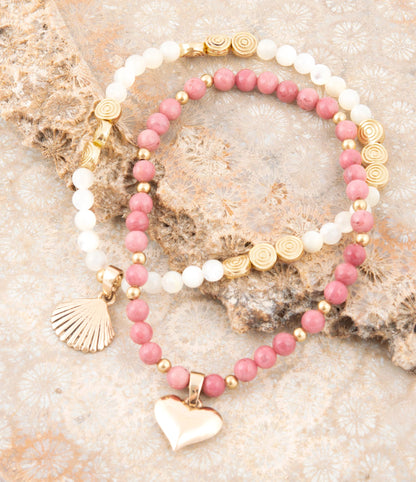 Pink Rhodonite and White Pearl Golden Heart Charm Bracelet Set Barse Jewelry