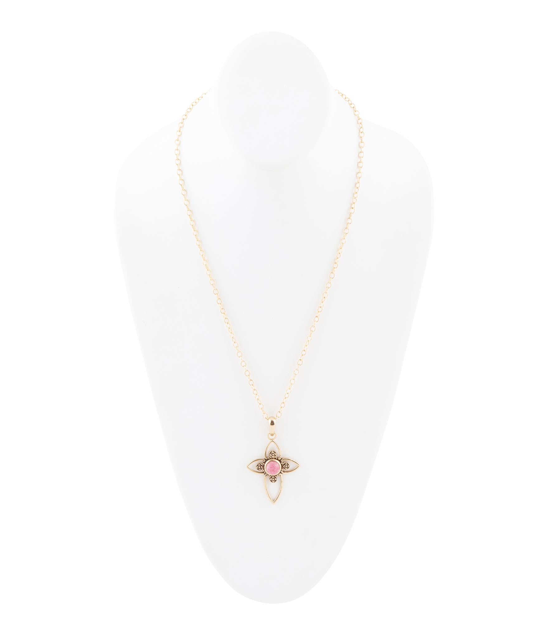 Pink Rhodonite Golden Cross Pendant Necklace Barse Jewelry