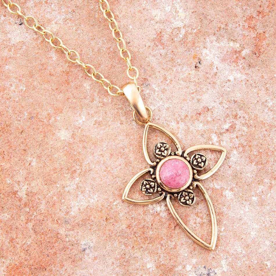 Pink Rhodonite Golden Cross Pendant Necklace Barse Jewelry