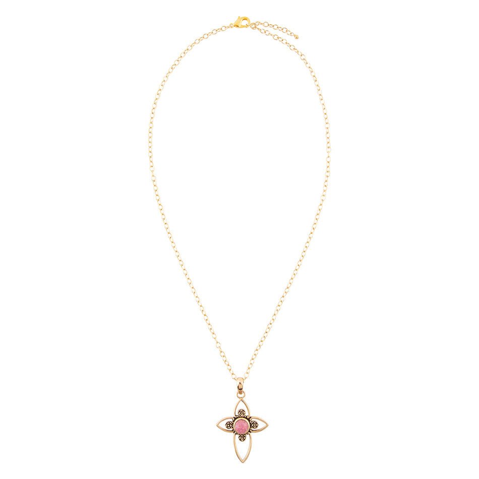 Pink Rhodonite Golden Cross Pendant Necklace Barse Jewelry