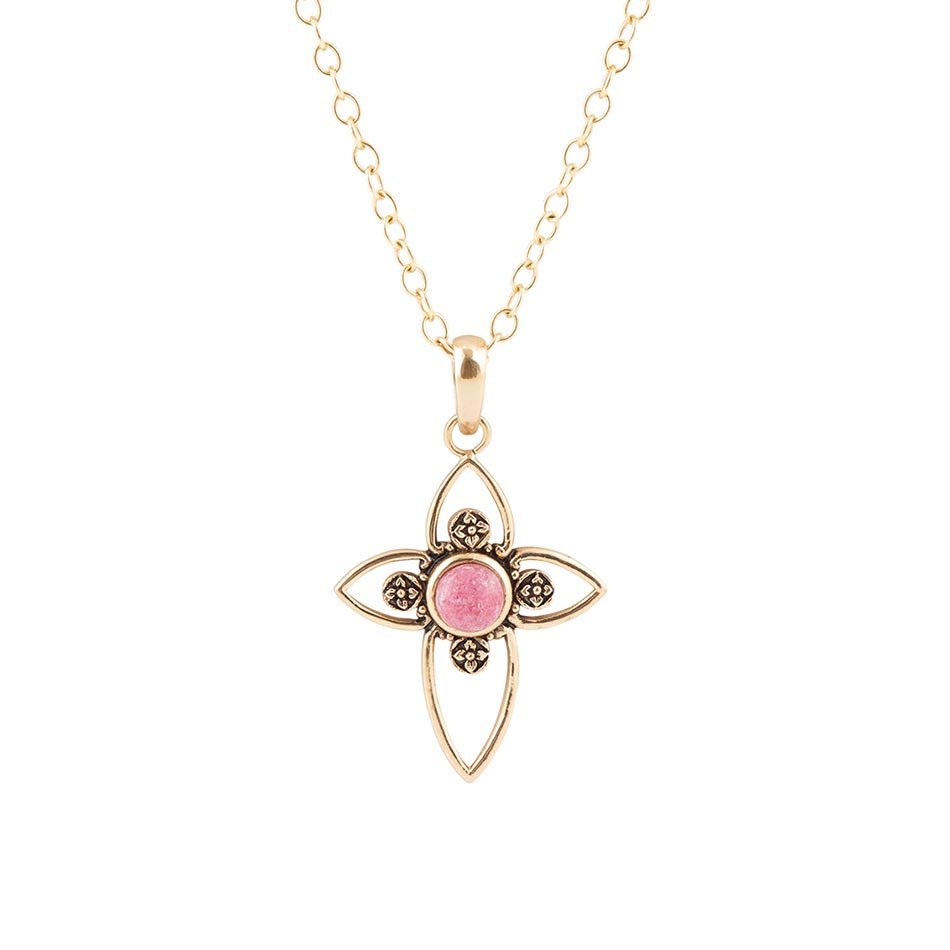 Pink Rhodonite Golden Cross Pendant Necklace Barse Jewelry