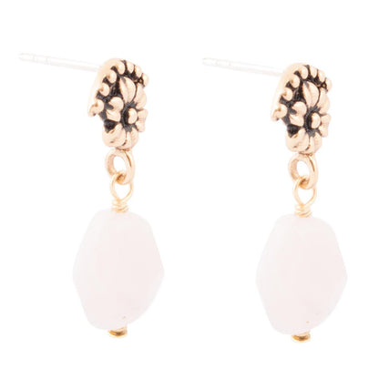 Pink Rose Quartz Golden Floral Drop Earrings Barse Jewelry