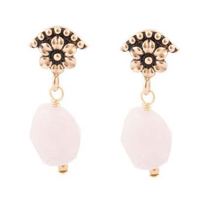 Pink Rose Quartz Golden Floral Drop Earrings Barse Jewelry