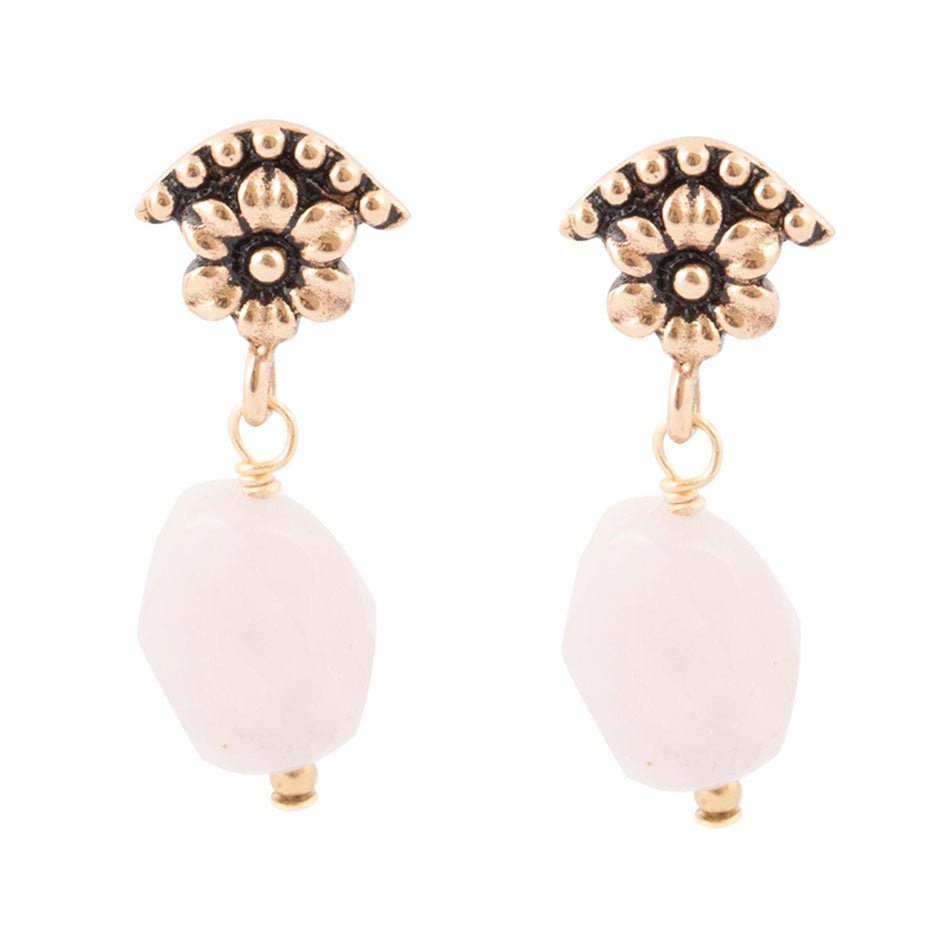 Pink Rose Quartz Golden Floral Drop Earrings Barse Jewelry