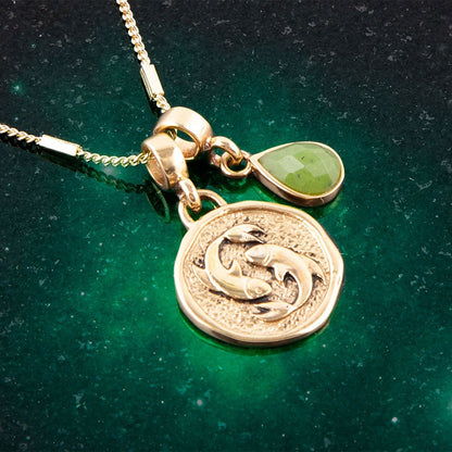 Pisces - Zodiac Green Jade Golden Charm Necklace Barse Jewelry