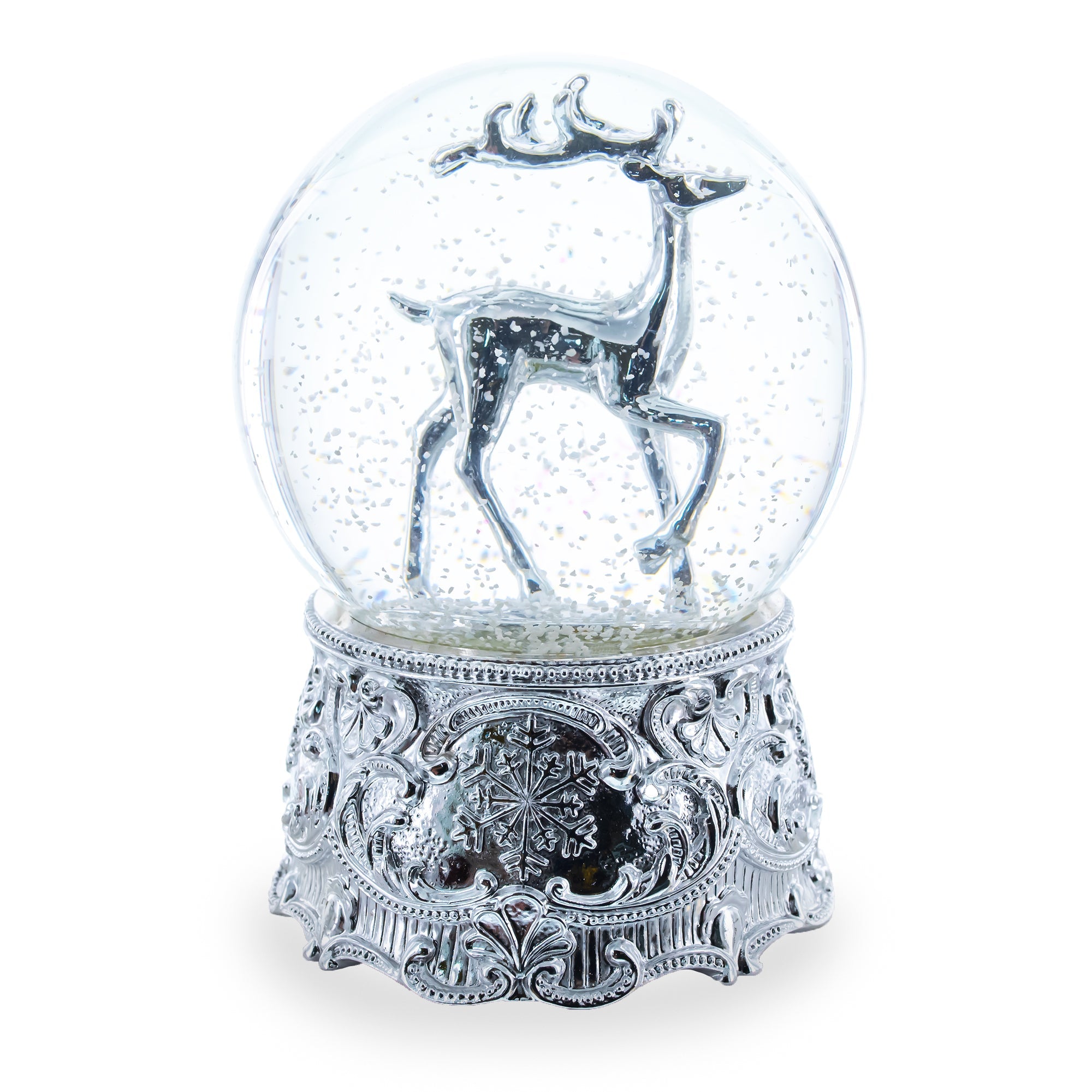 Silver Reindeer Serenade Musical Christmas Water Snow Globe