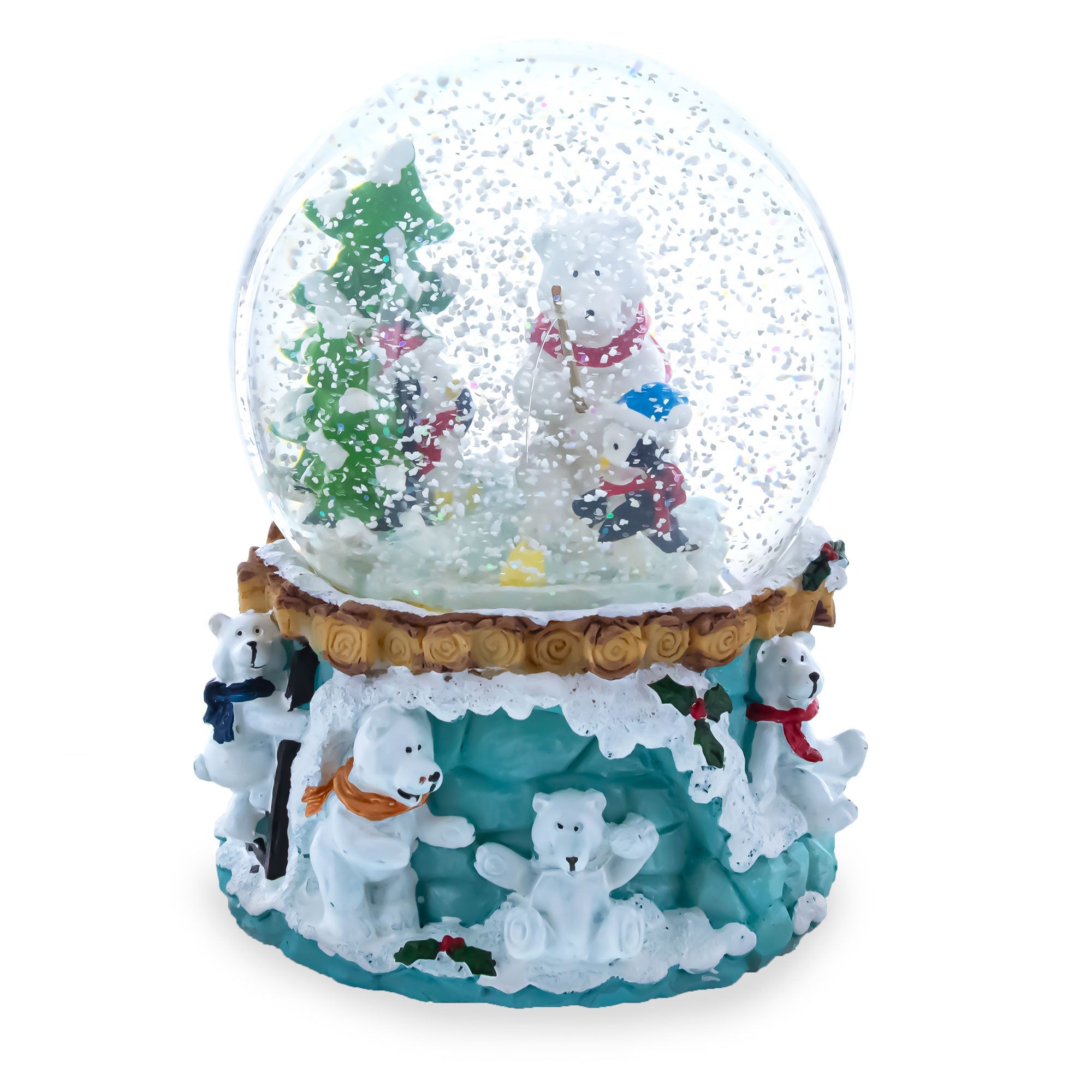 Bear and Penguins Fishing Musical Christmas Water Snow Globe