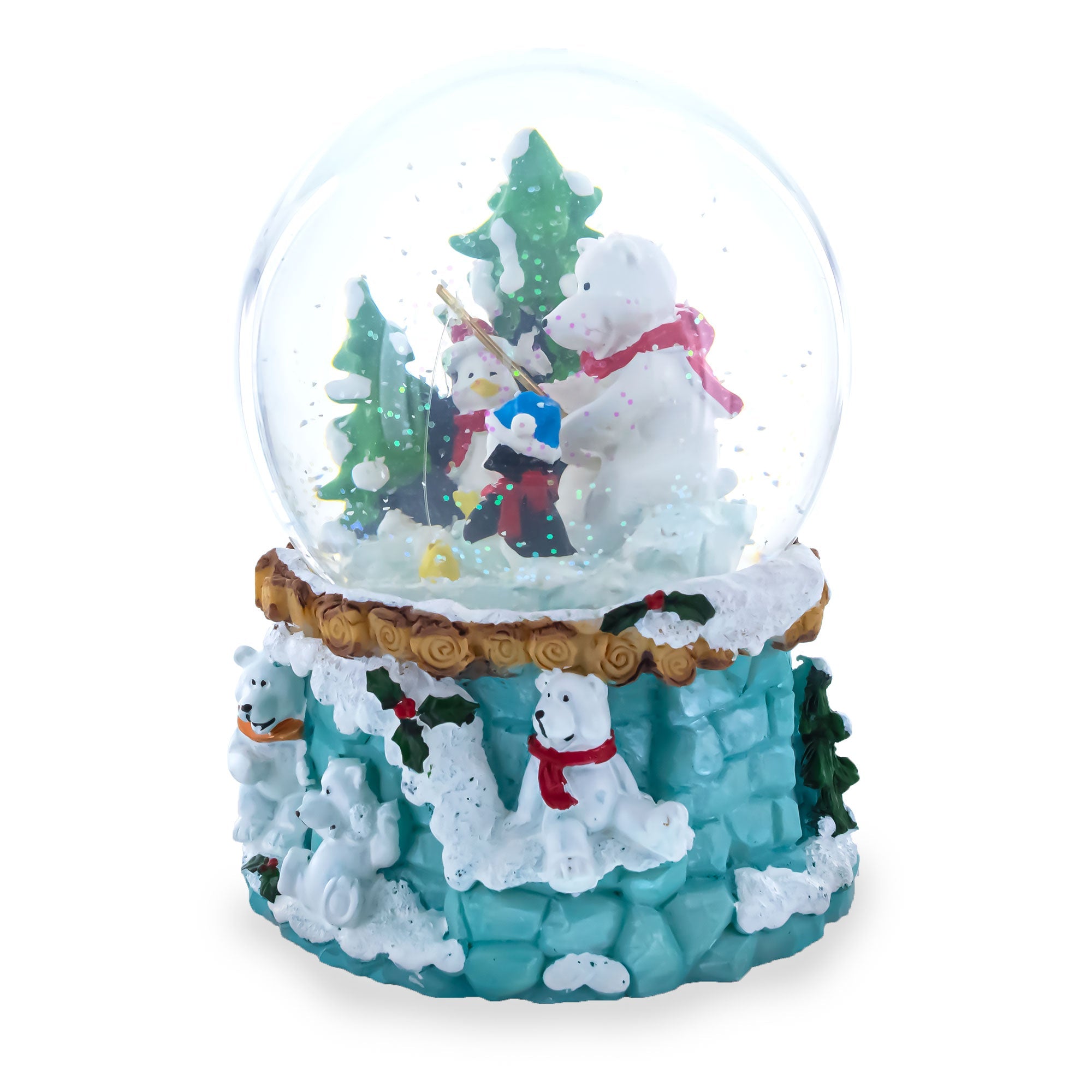 Bear and Penguins Fishing Musical Christmas Water Snow Globe