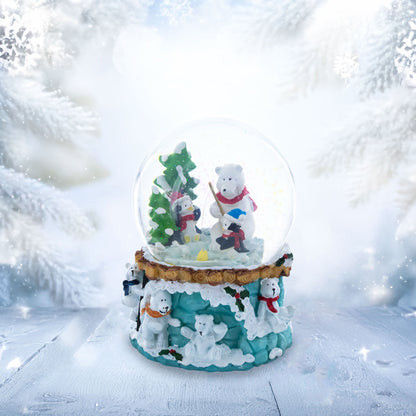Bear and Penguins Fishing Musical Christmas Water Snow Globe