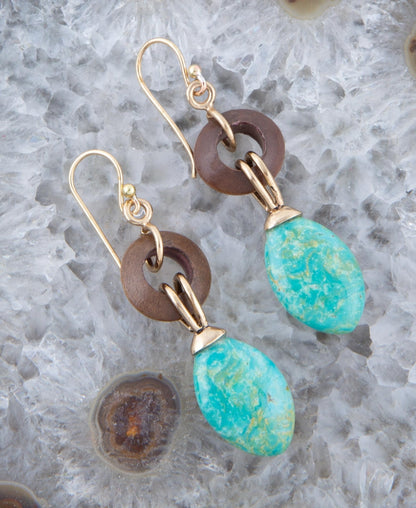 Precious Green Turquoise and Wood Golden Bronze Drop Earrings Barse Jewelry