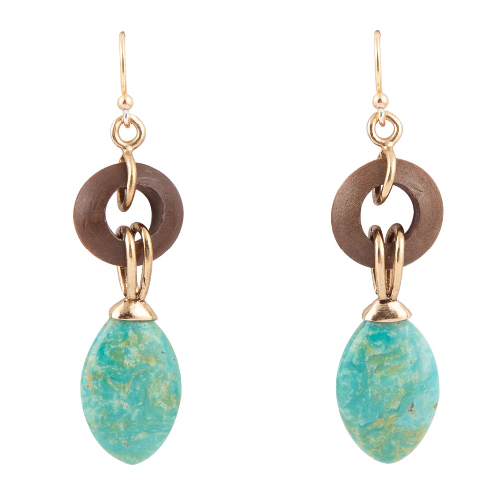 Precious Green Turquoise and Wood Golden Bronze Drop Earrings Barse Jewelry
