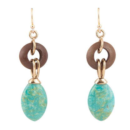 Precious Green Turquoise and Wood Golden Bronze Drop Earrings Barse Jewelry