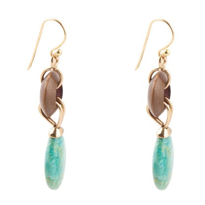 Precious Green Turquoise and Wood Golden Bronze Drop Earrings Barse Jewelry