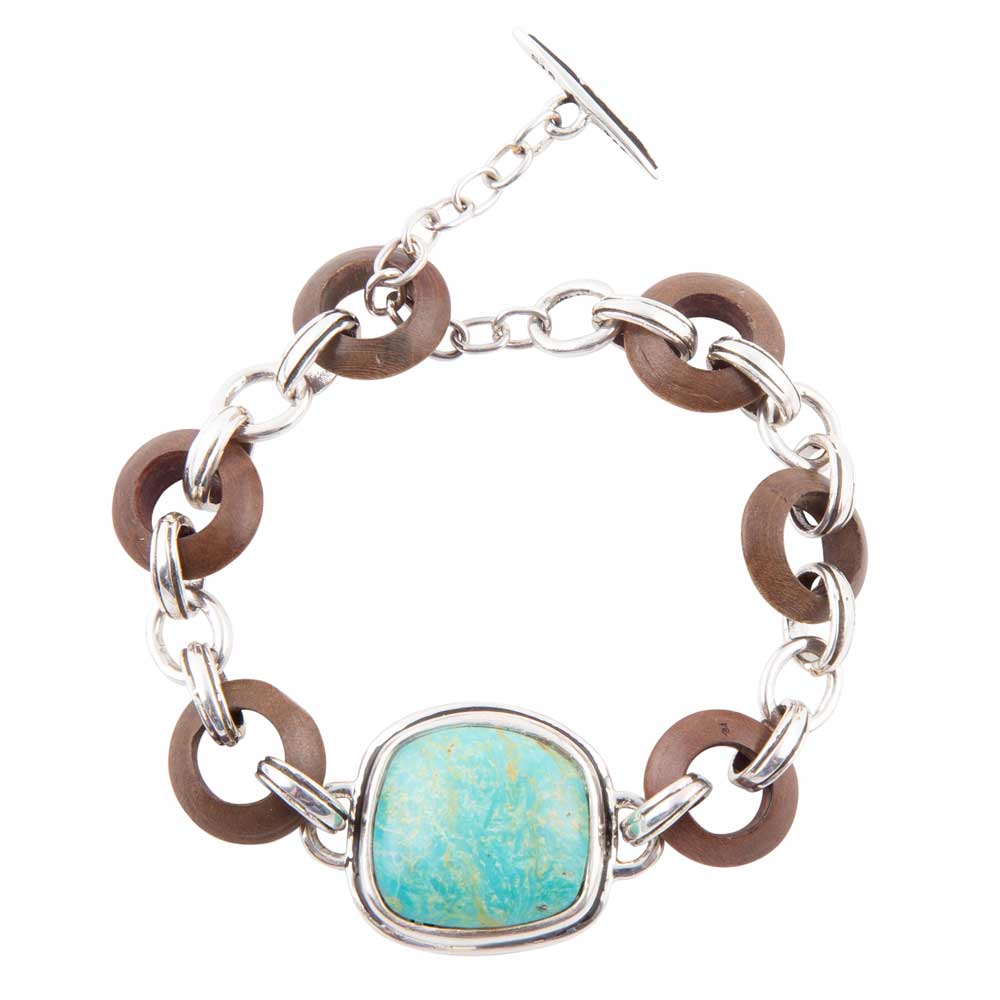 Precious Turquoise and Wood Sterling Silver Toggle Bracelet Barse Jewelry