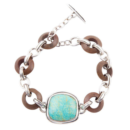 Precious Turquoise and Wood Sterling Silver Toggle Bracelet Barse Jewelry