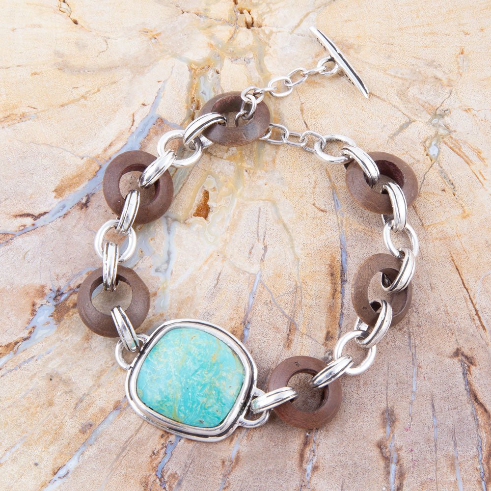 Precious Turquoise and Wood Sterling Silver Toggle Bracelet Barse Jewelry