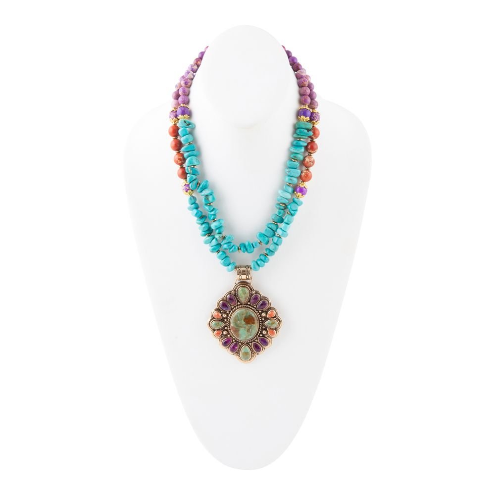 Prescott Blue Turquoise Purple and Orange Statement Pendant Golden Necklace Barse Jewelry