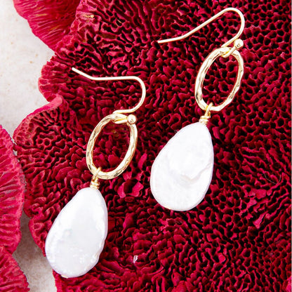 Drops of White Freshwater Pearl Golden Drop Earrings Barse Jewelry