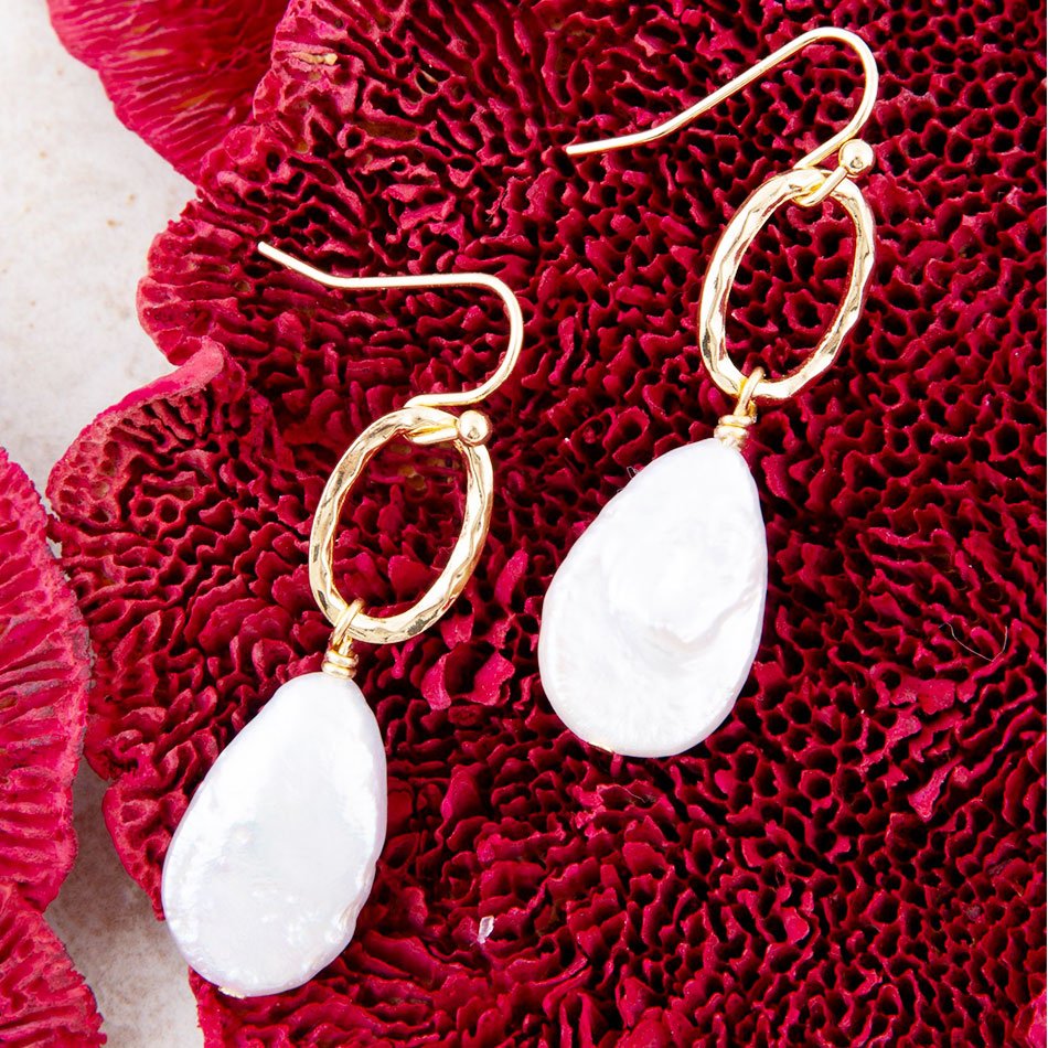 Drops of White Freshwater Pearl Golden Drop Earrings Barse Jewelry