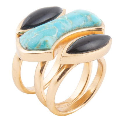 Puzzle Blue Turquoise and Black Onyx Golden Ring Set Barse Jewelry