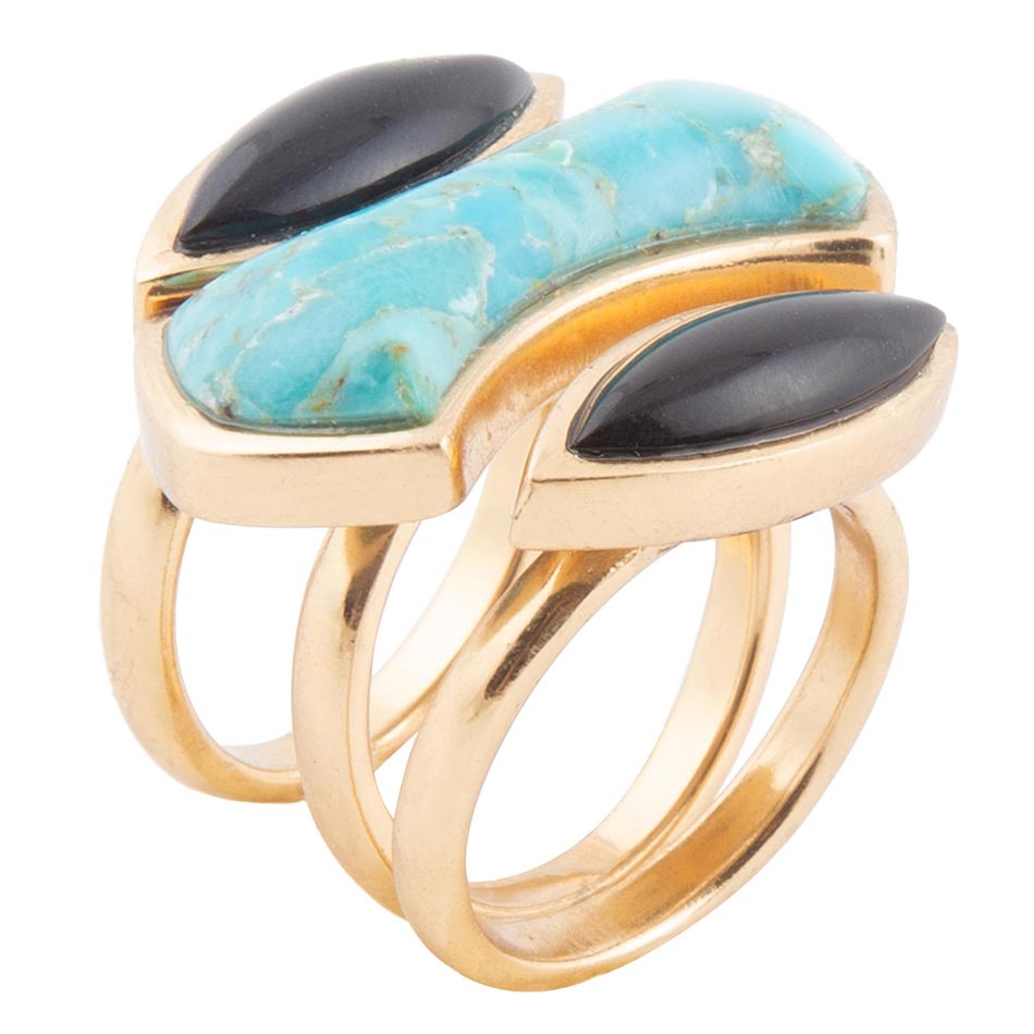 Puzzle Blue Turquoise and Black Onyx Golden Ring Set Barse Jewelry