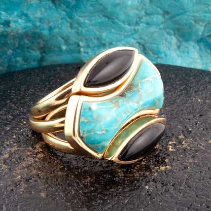 Puzzle Blue Turquoise and Black Onyx Golden Ring Set Barse Jewelry