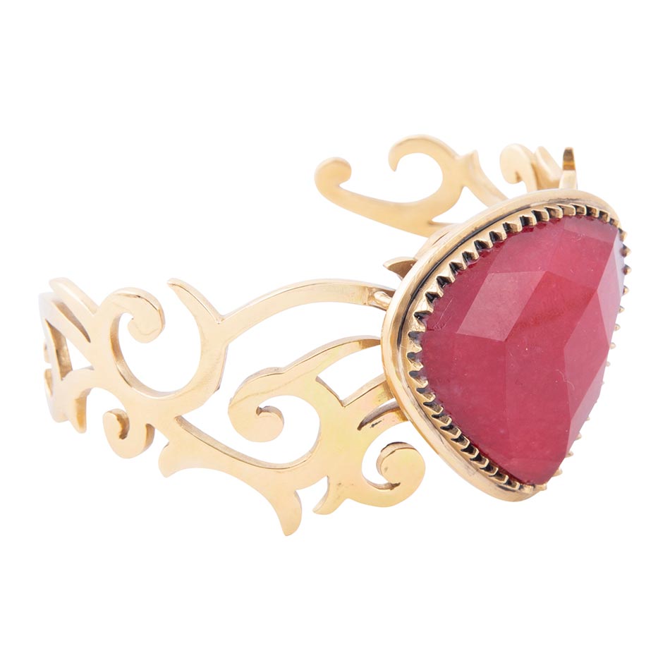 Red Bordeaux Quartz Golden Statement Cuff Bracelet Barse Jewelry