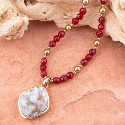 Red Carnelian and Crystal Calcite Pendant Golden Necklace Barse Jewelry