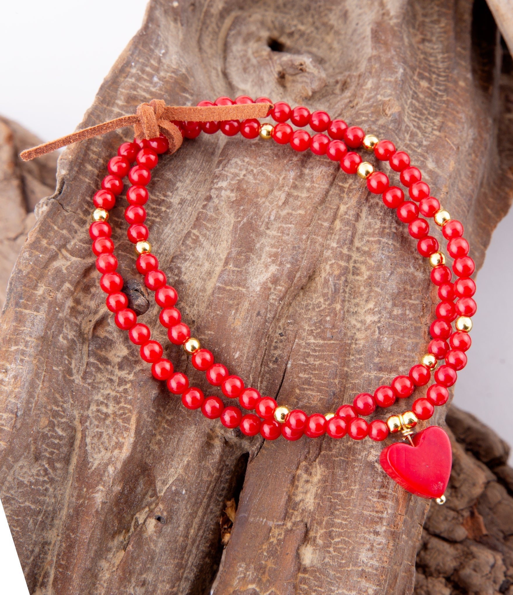 Red Coral Hart Golden Stretch Bracelet Set Barse Jewelry