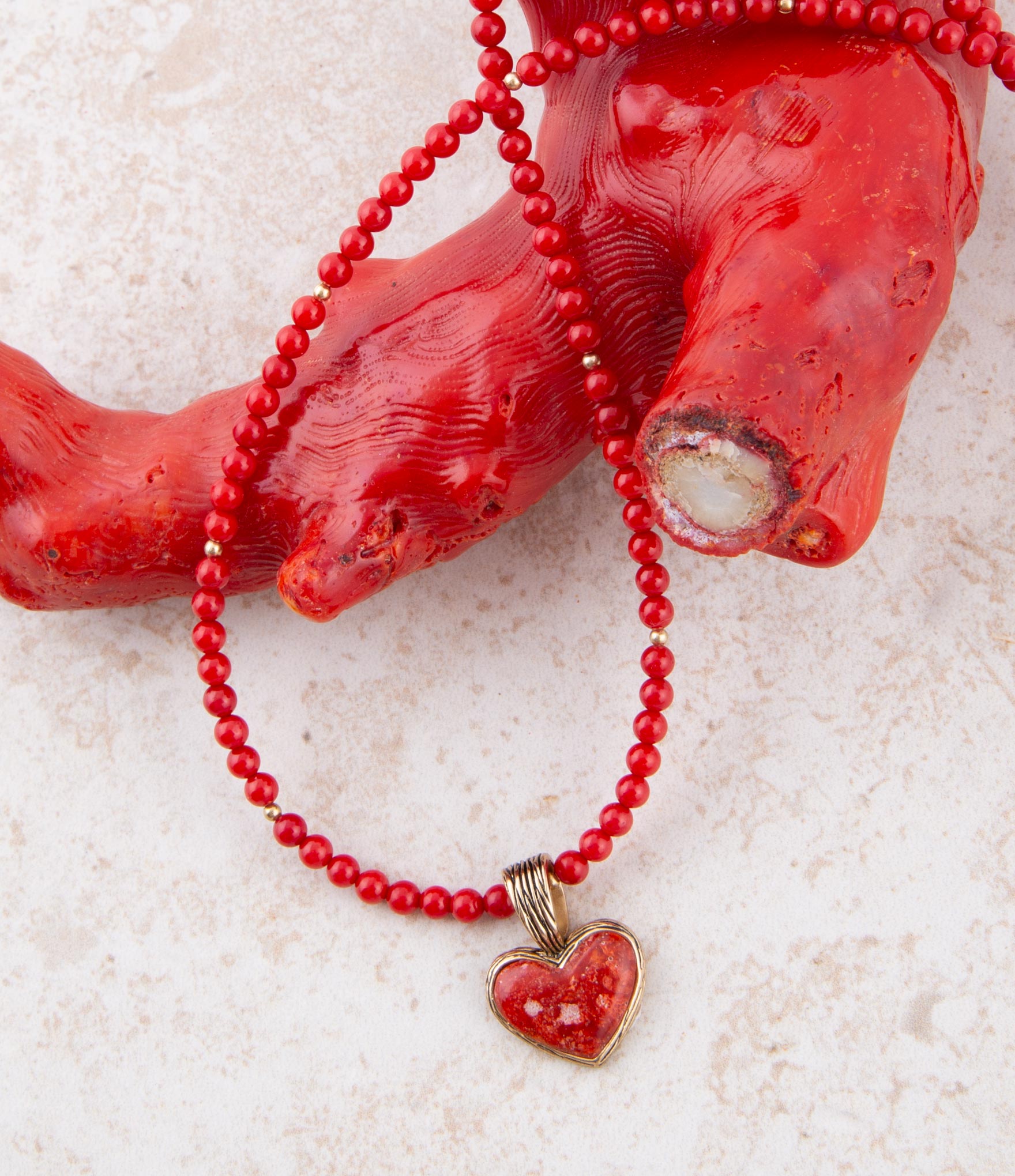 Red Coral Hart Pendant Golden Bronze Necklace Barse Jewelry