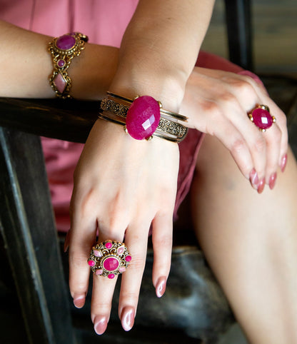Red Raspberry Quartz Golden Statement Cuff Bracelet Barse Jewelry