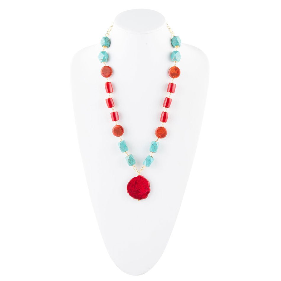 Red River Turquoise and Coral Rosary Pendant Necklace Barse Jewelry