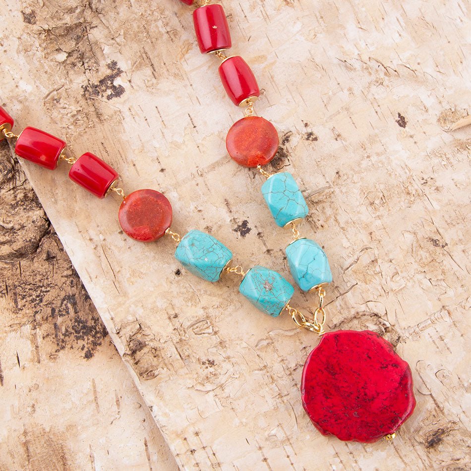 Red River Turquoise and Coral Rosary Pendant Necklace Barse Jewelry