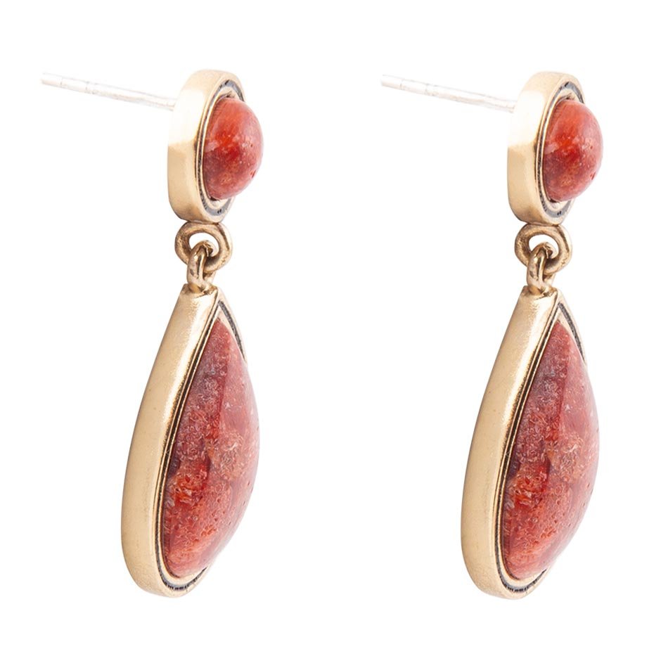 Red Sponge Coral Golden Drop Earrings Barse Jewelry