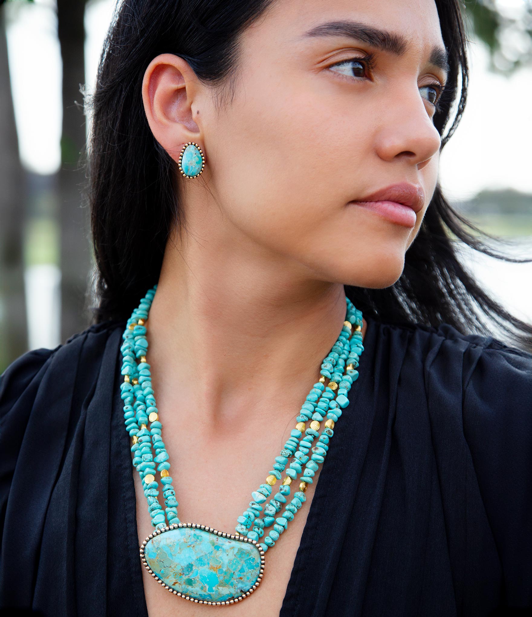 Refined Blue Turquoise Golden Statement Necklace Barse Jewelry