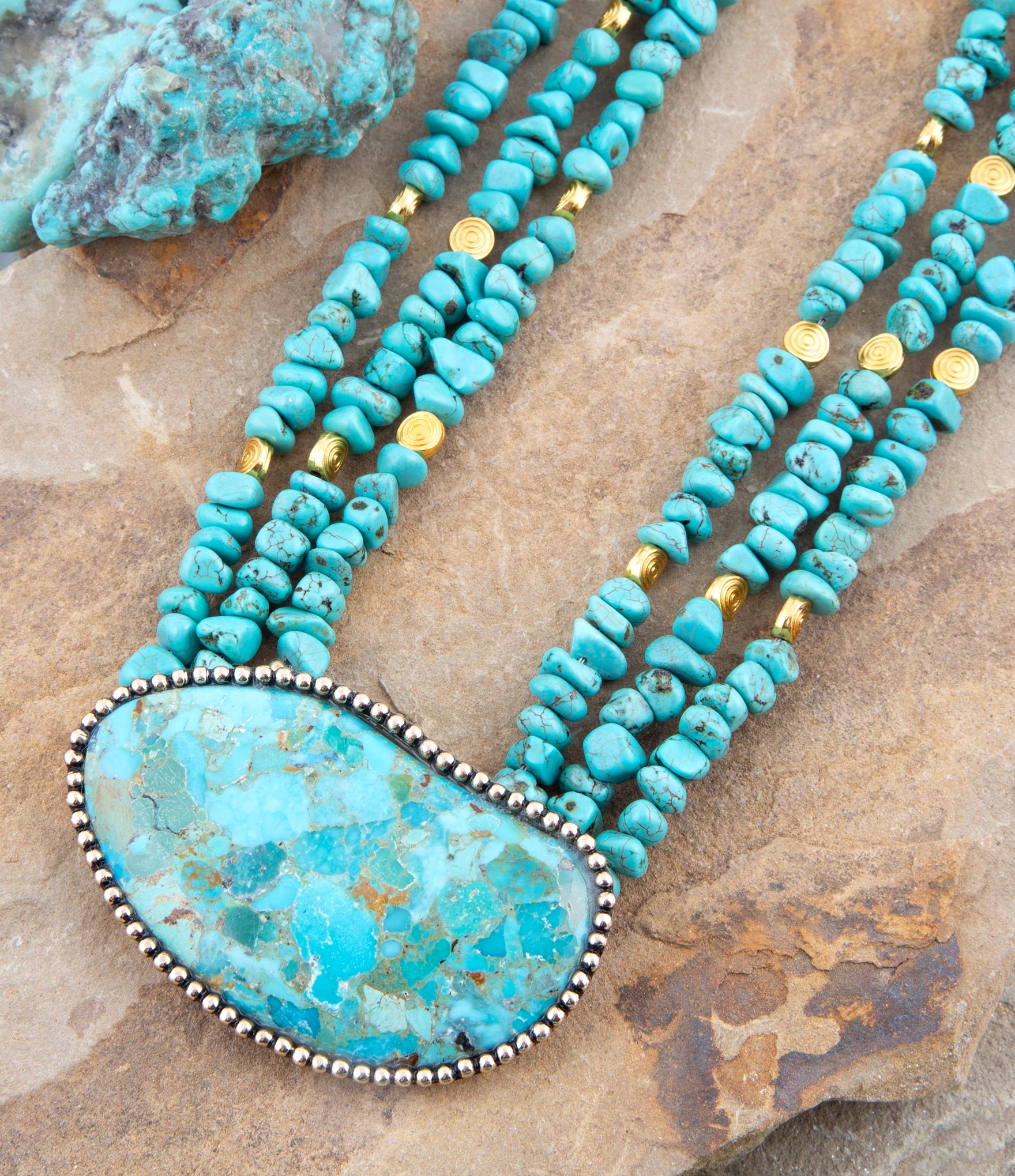Refined Blue Turquoise Golden Statement Necklace Barse Jewelry