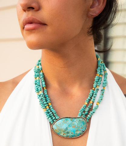 Refined Blue Turquoise Golden Statement Necklace Barse Jewelry