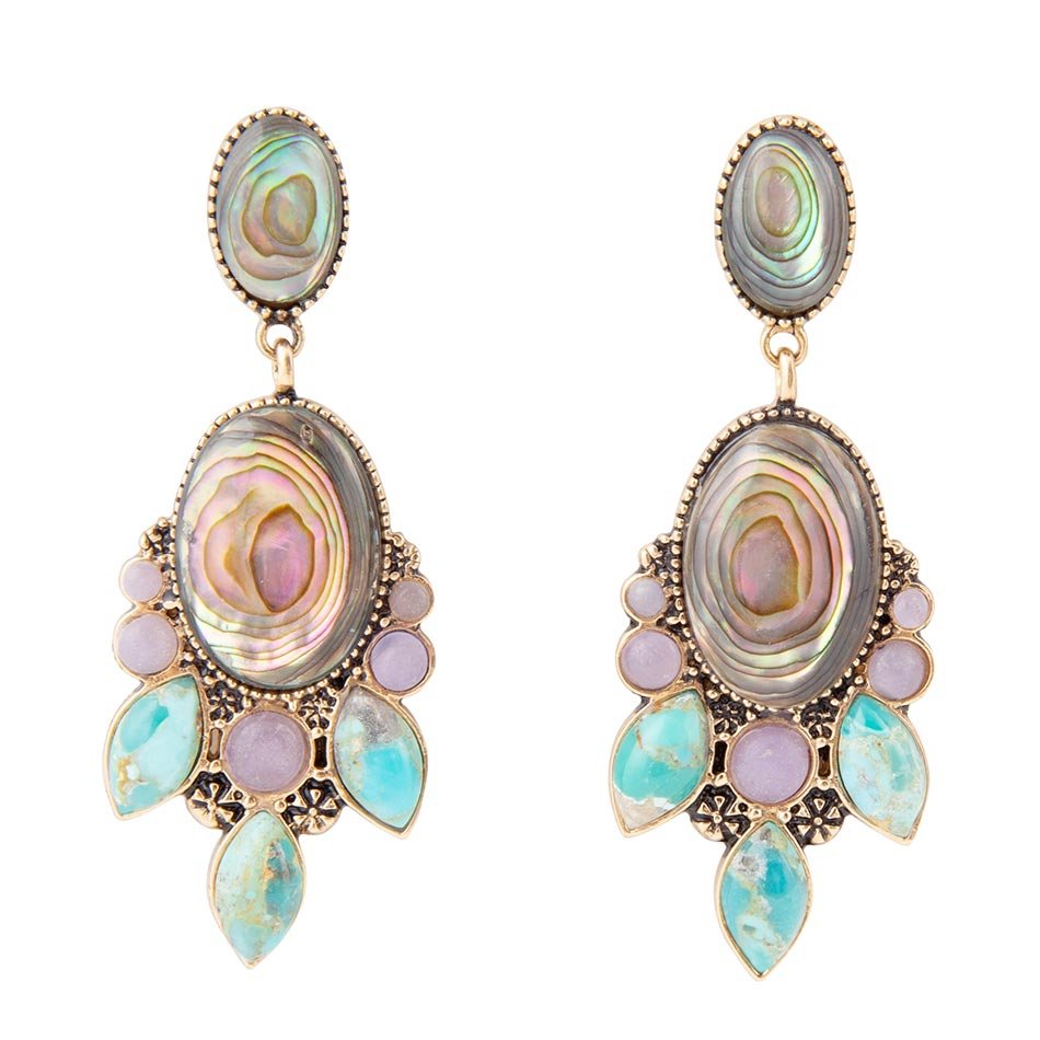 Regal Blue Abalone Mixed Stone Golden Statement Drop Earrings Barse Jewelry