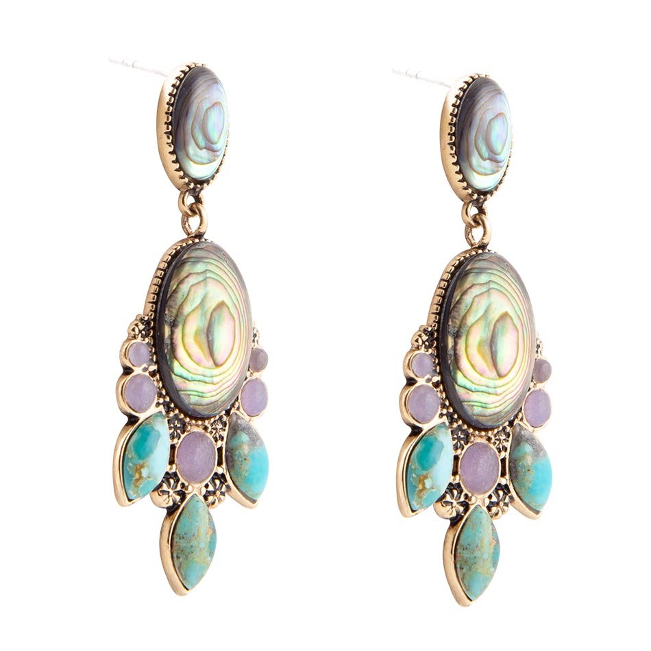 Regal Blue Abalone Mixed Stone Golden Statement Drop Earrings Barse Jewelry