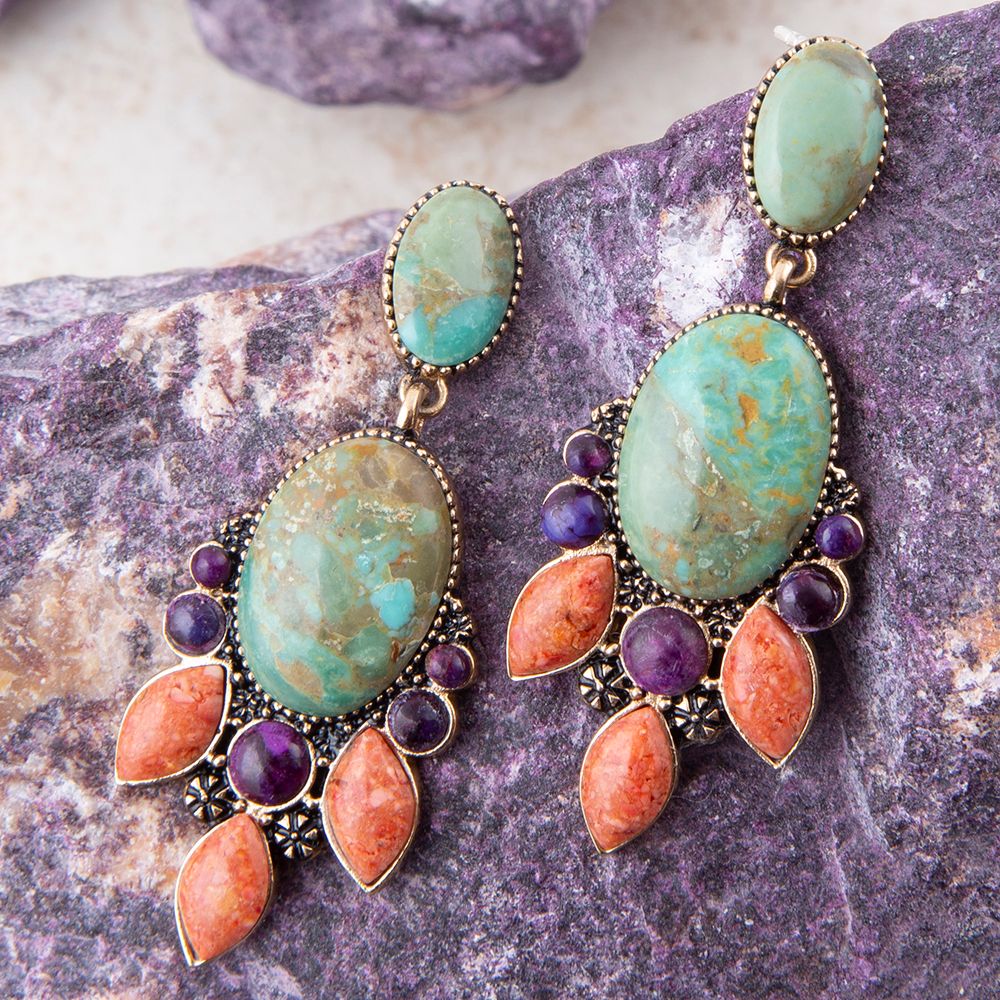 Regalia Blue Turquoise Purple and Orange Coral Goldden Post Drop Earrings Barse Jewelry