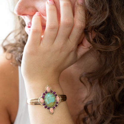 Regalia Blue Turquoise Purple and Orange Coral Golden Cuff Bracelet Barse Jewelry
