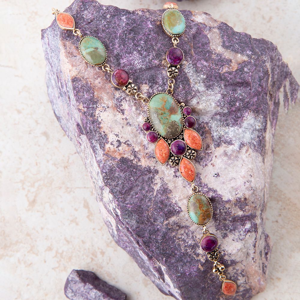 Regalia Blue Turquoise Purple and Orange Coral Golden Y Necklace Barse Jewelry
